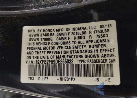 2013 Honda Civic Lx из США, поврежденный, VIN 19XFB2F59DE265032